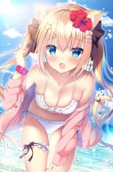 Rule 34 | 1girl, :d, animal ear fluff, animal ears, bikini, black ribbon, blonde hair, blue eyes, blue sky, blush, bow, breasts, cameltoe, cat ears, cleavage, cloud, cloudy sky, commentary request, day, fang, flower, hair bow, hair flower, hair ornament, hair ribbon, hairclip, hand up, jacket, leaning forward, bridal garter, long hair, medium breasts, navel, ocean, off shoulder, open mouth, original, outdoors, pink bow, pink jacket, red flower, ribbon, scrunchie, shibainu niki, skindentation, sky, smile, solo, standing, star (symbol), star hair ornament, swimsuit, thigh gap, twintails, white bikini, wrist scrunchie