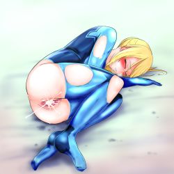 Rule 34 | 1girl, anus, ass, blonde hair, blush, bodysuit, clenched teeth, closed eyes, clothed sex, crotch cutout, cum, cum in pussy, heavy breathing, hetero, highres, hone ryu, metroid, nintendo, nude, cum overflow, pussy, pussy juice, samus aran, sex, skin tight, teeth, torn bodysuit, torn clothes, uncensored, vaginal, zero suit