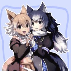 Rule 34 | 2girls, animal ears, aoi5742, black jacket, blazer, blonde hair, blue hair, bow, bowtie, closed mouth, coyote (kemono friends), dire wolf (kemono friends), extra ears, gloves, grey eyes, highres, jacket, kemono friends, kemono friends v project, long hair, looking at viewer, microphone, multiple girls, navel, open mouth, ribbon, scarf, shirt, short hair, simple background, skirt, tail, twintails, virtual youtuber, white shirt, wolf ears, wolf girl, wolf tail, yellow eyes