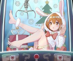 Rule 34 | 1girl, ?, absurdres, animal costume, ankle strap, artist name, bare legs, barefoot, blush, bow, bowtie, box, brown eyes, brown hair, carrot, chinese commentary, christmas tree, commentary request, crane game, eyelashes, feet, foot up, fur trim, gift, gift box, hair ornament, hands up, highres, in container, knees up, leaning back, legs, long sleeves, medium hair, original, qiufengxiaose, rabbit costume, shadow, sitting, snowflake ornament, thigh strap, thighs, toes, trapped