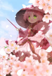 Rule 34 | &gt;:o, 1girl, :o, bad id, bad pixiv id, biyon, blue sky, blurry, bowl, cherry blossoms, commentary request, day, floral print, green eyes, highres, japanese clothes, kimono, long sleeves, needle, open mouth, petals, short hair, sky, solo, sukuna shinmyoumaru, touhou, v-shaped eyebrows