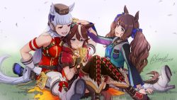 Rule 34 | 3girls, absurdres, animal ears, armband, blue eyes, boots, breasts, brown gloves, brown hair, commentary request, cropped jacket, cross-laced clothes, cross-laced legwear, dated, fingerless gloves, glint, gloves, gold ship (umamusume), grass, hand on another&#039;s shoulder, hat, headphones, high heel boots, high heels, highres, holding, holding trophy, hood, hooded jacket, horse ears, horse girl, horse tail, jacket, jewelry, knees up, large breasts, long hair, medium breasts, multicolored hair, multiple girls, necklace, open mouth, outdoors, pants, pink eyes, red jacket, shinmai (kyata), sitting, sleeveless, sleeveless jacket, smile, streaked hair, tail, tears, thigh strap, tokai teio (beyond the horizon) (umamusume), tokai teio (umamusume), tosen jordan (umamusume), trophy, twintails, twitter username, umamusume, watch, white gloves, white pants, wristband, wristwatch