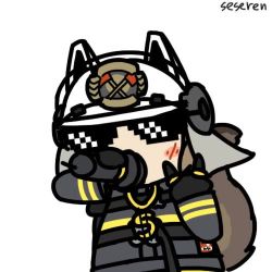 Rule 34 | 1girl, animal ears, animal ears helmet, animated, arknights, artist name, blush stickers, brown hair, chain, deal with it (meme), fire helmet, firefighter, firefighter jacket, gold chain, helmet, holding, jacket, jewelry, lowres, meme, microphone, rapping, ring, seseren, shaw (arknights), short hair, simple background, solo, squirrel girl, squirrel tail, sunglasses, tail, ugoira, upper body, video, white background