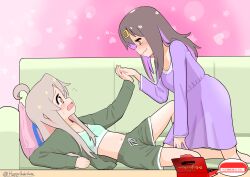 Rule 34 | 2girls, artist name, black hair, blush, box, chocolate, commentary request, couch, drunk, from side, genderswap, genderswap (mtf), hair down, hair ornament, hairclip, hand grab, happyundergate, heart, highres, long hair, long sleeves, looking at another, lying, multiple girls, on back, onii-chan wa oshimai!, open mouth, oyama mahiro, oyama mihari, pink hair, profile, purple hair, siblings, sisters, smile, squeans, star (symbol), twitter username, wavy mouth, yuri