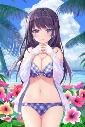 Rule 34 | 1girl, bikini, black hair, blue bikini, blue eyes, blush, breasts, cleavage, cloud, cloudy sky, commentary request, cowboy shot, day, flower, front-tie bikini top, front-tie top, hands up, horizon, jacket, large breasts, long hair, long sleeves, looking at viewer, ocean, off shoulder, official art, open clothes, open jacket, original, outdoors, palm tree, parted lips, pink flower, plaid, plaid bikini, red flower, shiwasu horio, sky, sleeves past wrists, solo, swimsuit, thigh gap, tree, very long hair, water, white jacket, yellow flower