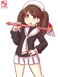 Rule 34 | artist logo, black shirt, brown eyes, brown hair, cardcaptor sakura, commentary request, cosplay, cowboy shot, dated, fuuin no tsue, hand on own hip, holding, holding wand, kanon (kurogane knights), kantai collection, long hair, long sleeves, neckerchief, one-hour drawing challenge, pleated skirt, ryuujou (kancolle), sailor collar, school uniform, serafuku, shirt, simple background, skirt, solo, standing, tomoeda elementary school uniform, twintails, wand, white background, white neckerchief, white sailor collar, white skirt