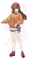 Rule 34 | 1girl, alternate costume, animal bag, bag, beret, bike shorts under skirt, blush, breasts, brown eyes, brown hair, casual, closed mouth, collared shirt, commentary, full body, guilty gear, handbag, hat, highres, kneehighs, long hair, long sleeves, looking at viewer, may (guilty gear), miniskirt, murata tefu, orange sweater, pink background, platform footwear, pleated skirt, puckered lips, red footwear, red hat, shirt, shoes, simple background, skirt, sleeves past wrists, small breasts, socks, solo, standing, sweater, twitter username, white shirt, white skirt, white socks, wing collar