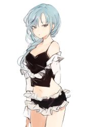 Rule 34 | 1girl, bare shoulders, black shirt, black skirt, blouse, blue hair, braid, braided ponytail, breasts, brown eyes, camisole, cowboy shot, crop top, frills, hair over shoulder, long hair, long sleeves, looking at viewer, lpip, maid, medium breasts, midriff, miniskirt, navel, off shoulder, original, parted lips, shirt, simple background, single braid, skirt, sleeveless, sleeveless shirt, solo, spaghetti strap, stomach, thighs, white background