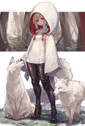 Rule 34 | 1girl, animal, black footwear, black thighhighs, boots, commentary, dated, eyes visible through hair, flower knot, fox, fox tail, full body, high heel boots, high heels, highres, hood, hood up, long sleeves, looking at viewer, original, pantyhose, red eyes, short eyebrows, short hair, signature, silver hair, sleeves past fingers, sleeves past wrists, solo, standing, suzuno (bookshelf), symbol-only commentary, tail, tassel, thick eyebrows, thigh boots, thighhighs, twitter username