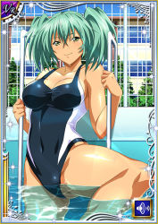 Rule 34 | 1girl, breasts, card (medium), competition swimsuit, female focus, green eyes, green hair, ikkitousen, large breasts, looking at viewer, one-piece swimsuit, ryofu housen, shiny skin, smile, swimsuit, twintails, water