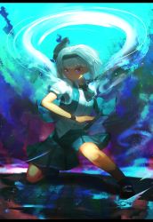 Rule 34 | 1girl, absurdres, ascot, battoujutsu stance, black ascot, black footwear, black hairband, blouse, closed mouth, fighting stance, green skirt, green vest, hair ornament, hairband, highres, katana, konpaku youmu, letterboxed, looking at viewer, niwarhythm, on one knee, pleated skirt, puffy short sleeves, puffy sleeves, purple eyes, ready to draw, shirt, shoes, short sleeves, skirt, solo, sword, touhou, vest, weapon, white hair, white shirt