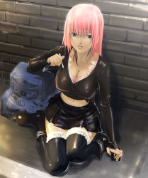 Rule 34 | 1girl, akitama, breasts, cigarette, cleavage, garter straps, leather, lighter, midriff, miniskirt, navel, pink hair, sitting, skirt, solo, thighhighs, third-party edit, zettai ryouiki