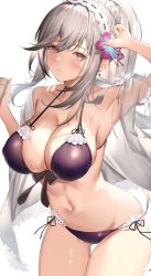 Rule 34 | 1girl, azur lane, bikini, blue butterfly, blush, breasts, bug, butterfly, choker, cowboy shot, dunkerque (azur lane), dunkerque (summer sucre) (azur lane), earrings, flower, frills, gluteal fold, grey hair, hair flower, hair ornament, hand up, highres, insect, jewelry, large breasts, long hair, looking at viewer, navel, official alternate costume, ponytail, purple bikini, red eyes, sg (satoumogumogu), side-tie bikini bottom, solo, swimsuit, thigh gap, very long hair, wet