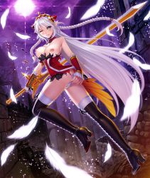 Rule 34 | 1girl, ass, bouncing breasts, breasts, dress, elf, female focus, green eyes, grey hair, hair ornament, highres, large breasts, long hair, looking at viewer, looking back, night, nipples, no bra, pointy ears, primea, sano toshihide, shiny skin, sky, sword, taimanin (series), taimanin asagi kessen arena, torn clothes, very long hair, weapon