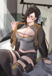 Rule 34 | 1girl, absurdres, alternate costume, anis (nikke), anis (nikke) (cosplay), beret, black hair, black shorts, blush, breasts, cleavage, coat, commentary request, commission, cosplay, fire emblem, fire emblem fates, goddess of victory: nikke, grey shirt, hair over one eye, hat, highres, kagero (fire emblem), large breasts, long hair, long sleeves, looking at viewer, navel, nintendo, open clothes, partial commentary, peli cantaro, pouch, shirt, short shorts, shorts, sitting, skeb commission, solo, thigh pouch, thigh strap, thighhighs
