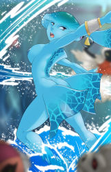 Rule 34 | 1girl, absurdres, ass, blue skin, breasts, bubble, colored skin, completely nude, earrings, fish, fish girl, full body, highres, jewelry, nintendo, nipples, nude, princess ruto, sideboob, solo, the legend of zelda, the legend of zelda: ocarina of time, third-party edit, unicornlord, water, zora