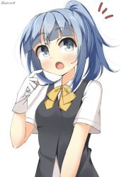 Rule 34 | 10s, 1girl, :o, alternate hairstyle, bad id, bad twitter id, blue eyes, blue hair, blush, collared shirt, gloves, hatsukaze (kancolle), high ponytail, kankitsunabe (citrus), kantai collection, long hair, looking to the side, matching hair/eyes, open mouth, ponytail, ribbon, school uniform, serafuku, shirt, short sleeves, simple background, solo, twitter username, upper body, white gloves, yellow ribbon