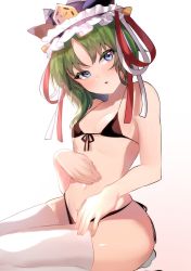 Rule 34 | 1girl, bare arms, bikini, black bikini, blue eyes, breasts, feet out of frame, green hair, hat, highres, looking at viewer, majime joe, navel, parted lips, red ribbon, ribbon, shiki eiki, short hair, sitting, small breasts, solo, swimsuit, thighhighs, touhou, white thighhighs
