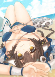 Rule 34 | 1girl, absurdly long hair, animal ears, anju (utawarerumono), aquaplus, beach, blue one-piece swimsuit, blue sky, braid, breasts, brown eyes, brown hair, cleavage, cleavage cutout, clothing cutout, cloud, cloudy sky, collarbone, cowboy shot, earrings, fang, fang out, fur, hair between eyes, hair ornament, highres, jewelry, large breasts, long hair, looking at viewer, lying, midriff, navel, negitempura, on back, one-piece swimsuit, outdoors, raised eyebrows, sand, sidelocks, sky, sleeveless, solo, swimsuit, tail, teeth, thick thighs, thighs, tiger tail, upside-down, utawarerumono, utawarerumono: itsuwari no kamen, utawarerumono: lost flag, very long hair, water, wristband