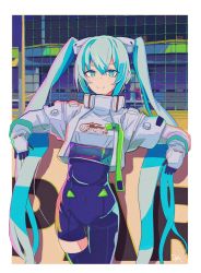 Rule 34 | 1girl, absurdres, aqua eyes, aqua hair, bright pupils, cropped jacket, dora (dr3032), flame print, gloves, goodsmile racing, hatsune miku, highres, jacket, logo, long hair, race queen, racing miku, racing miku (2022), signature, single thighhigh, smile, thighhighs, twintails, very long hair, vocaloid, white jacket, white pupils