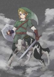 Rule 34 | 1boy, belt, blonde hair, blue eyes, broken, broken chain, brown belt, centauroid, chain, claws, closed mouth, commentary request, full body, gauntlets, gloves, green headwear, green shirt, highres, holding, holding shield, holding sword, holding weapon, link, long sleeves, looking at viewer, male focus, monster boy, monsterification, multiple legs, nintendo, parted bangs, pointy ears, shield, shirt, short hair, sidelocks, smoke, solo, standing, standing on three legs, sword, takeshigomu (kara kara spr), taur, the legend of zelda, the legend of zelda: twilight princess, tunic, weapon, white shirt, wolf link