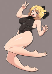 Rule 34 | 1girl, absurdres, alternate costume, barefoot, black bow, black leotard, black nails, blonde hair, blush, bow, breasts, brown eyes, commentary, covered navel, fang, fingernails, full body, grey background, hair bow, hair bun, highres, kurodani yamame, large breasts, leotard, looking at viewer, medium bangs, medium hair, open mouth, rinyamame, shadow, shiny skin, simple background, single hair bun, smile, solo, toes, tongue, tongue out, touhou, v