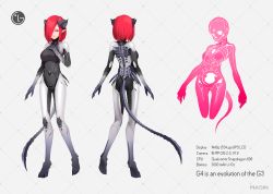 Rule 34 | 1girl, ass, bodysuit, character sheet, hair over one eye, horns, lg electronics, looking to the side, masin0201, multiple views, personification, pointy ears, red eyes, red hair, short hair, skeleton, skin tight, skull, spines, standing, tail, turnaround