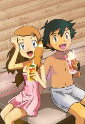 Rule 34 | 10s, 1boy, 1girl, :d, arm support, artist request, ash ketchum, bare arms, bare legs, bare shoulders, black hair, blue eyes, brown eyes, brown hair, collarbone, couple, cream, creatures (company), cup, drink, drinking glass, drinking straw, food, from above, fruit, game freak, glass, highres, holding, holding cup, holding drinking glass, legs, light brown hair, long hair, looking at viewer, looking up, low-tied long hair, naked towel, navel, nintendo, open mouth, orange (fruit), orange eyes, paint.net (medium), pokemon, pokemon (anime), pokemon xy, sauna, serena (pokemon), short hair, sitting, smile, strawberry, sweat, third-party edit, topless male, towel, tower