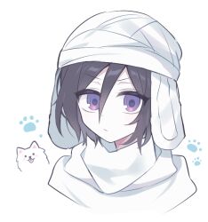 Rule 34 | 1girl, animal, animal ears, black hair, bleach, closed mouth, commentary request, dog, fake animal ears, g ieep, hair between eyes, korean commentary, kuchiki rukia, looking at viewer, portrait, purple eyes, rabbit ears, simple background, solo, white background, white headwear