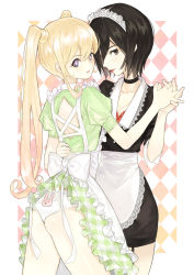 Rule 34 | 2girls, apron, back, back cutout, bad id, bad pixiv id, black choker, black hair, blonde hair, blue eyes, blush, bow, bra, bra peek, brown eyes, choker, closed mouth, clothing cutout, collarbone, comiket 87, diamond cutout, frills, gradient eyes, hand on another&#039;s waist, heart, heart-shaped pupils, holding, holding hands, long hair, looking at viewer, looking back, mgg (x arte), multicolored eyes, multiple girls, original, panties, parted lips, patterned, patterned background, patterned clothing, pink lips, pink pupils, purple eyes, red bra, red lips, short hair, smile, symbol-shaped pupils, twintails, underwear, white bow, white panties