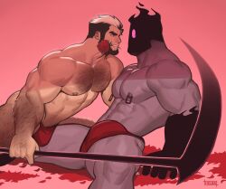 Rule 34 | 2boys, abs, absurdres, arm hair, artist name, bara, black hair, briefs, bulge, chest hair, erection, erection under clothes, flower, helbai, highres, holding, holding scythe, holding weapon, large pectorals, looking at another, male focus, male underwear, multicolored hair, multiple boys, muscular, muscular male, navel, nipples, original, pectorals, petals, red male underwear, rose, scythe, short hair, thick thighs, thighs, two-tone hair, underwear, weapon, white hair, yaoi