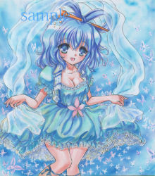 Rule 34 | 1girl, arms up, blue background, blue dress, blue eyes, blue hair, breasts, bug, butterfly, cleavage, collarbone, dress, female focus, flower, frills, hair ornament, hair rings, hair stick, insect, kaku seiga, looking at viewer, mamemaru, matching hair/eyes, open mouth, painting (medium), ribbon, sample watermark, shawl, short hair, solo, tongue, touhou, traditional media, vest, watercolor (medium), watercolor pencil (medium), watermark