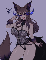 Rule 34 | +++, 1girl, absurdres, animal ears, black nails, black sclera, blush, breasts, brown hair, cleavage, collarbone, colored sclera, colored skin, commission, fangs, fingernails, grey skin, highres, large breasts, lips, looking at viewer, nail polish, open mouth, original, purple eyes, sharp fingernails, smile, solo, tail, teeth, the scarlet devil, wolf ears, wolf girl, wolf tail