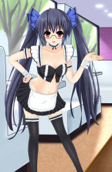 Rule 34 | 10s, 1girl, apron, black hair, breasts, frilled legwear, glasses, hair ornament, long hair, navel, neptune (series), noire (neptunia), open mouth, red eyes, solo, twintails, waist apron, waitress