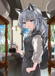 Rule 34 | 1girl, animal ear fluff, animal ears, barista, black vest, blue eyes, buttons, coffee, commentary, cowboy shot, fang, fox ears, fox girl, fox tail, from side, grey hair, hand on own hip, highres, holding coffee pot, indoors, kamiyoshi rika, light blush, long hair, looking at viewer, open mouth, original, ponytail, shirt, smile, solo, standing, tail, vest, white shirt, wing collar