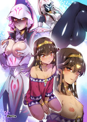 Rule 34 | 1girl, ankh, armlet, breasts, brown eyes, cameltoe, dark-skinned female, dark skin, dual persona, egyptian, egyptian clothes, full body, grabbing own breast, hair between eyes, hands on own chest, jewelry, long hair, looking at viewer, mask, unworn mask, medium breasts, mibry (phrysm), multiple views, naughty face, necklace, nipples, open mouth, pantyhose, parted lips, sera (yu-gi-oh!), shaded face, sidelocks, sitting, skin tight, smile, smug, tagme, tan, yu-gi-oh!, yu-gi-oh! the dark side of dimensions