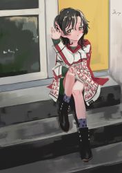 Rule 34 | 1girl, absurdres, ankle boots, bad id, bad twitter id, black footwear, blush, boots, bright pupils, clothes writing, door, gishiki (gshk), green sweater, grey eyes, grey hair, hand in own hair, hand up, highres, jacket, long sleeves, looking at viewer, medium hair, original, parted lips, profanity, purple socks, sitting, sitting on stairs, socks, solo, stairs, star (symbol), star print, sweater