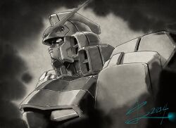 Rule 34 | commentary request, dated, from side, gundam, highres, looking ahead, mecha, mecha focus, mobile suit, monochrome, nakada eiji, no humans, portrait, profile, robot, science fiction, signature, solo, v-fin, v gundam, victory gundam