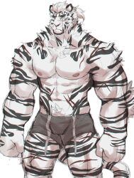 Rule 34 | 1boy, abs, animal ears, arknights, artist request, bara, boxer briefs, facial hair, feet out of frame, frown, furry, furry male, goatee, grey male underwear, high ponytail, highres, large hands, large pectorals, looking to the side, male focus, male underwear, mountain (arknights), muscular, muscular male, navel hair, nipples, official alternate hairstyle, pectorals, scar, scar across eye, scar on arm, short hair, sketch, solo, standing, stomach, thick eyebrows, thighs, tiger boy, tiger ears, topless male, underwear, white hair