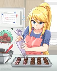 Rule 34 | 1girl, ?, apron, blonde hair, blue eyes, blue shirt, calendar (object), canadiananiguy, chocolate, chocolate on face, commentary, english commentary, food, food on face, highres, icing, indoors, kitchen, long hair, metroid, metroid (creature), mixing bowl, nintendo, pastry bag, pink apron, ponytail, refrigerator, samus aran, shirt, sidelocks, sleeves rolled up, upper body, valentine
