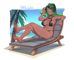 Rule 34 | 1girl, arm up, bare arms, bare shoulders, bikini, black bikini, blue sky, blush, breasts, chair, cleavage, cloud, commentary, commission, covered erect nipples, crossed legs, dark-skinned female, dark skin, day, english commentary, eyewear lift, green eyes, green hair, green lips, highleg, highleg bikini, highres, horizon, large breasts, lifting own clothes, long hair, looking at viewer, lounge chair, ocean, original, outdoors, parted lips, sideboob, sin (sintrybest), sky, smile, snake hair, solo, sunburn, sunglasses, swimsuit, twitter username, water