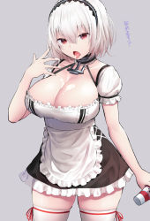 Rule 34 | 1girl, anchor, anchor choker, apron, azur lane, breasts, choker, cleavage, collarbone, frilled apron, frilled choker, frills, hair between eyes, hairband, highres, holding, lace-trimmed hairband, lace trim, large breasts, looking at viewer, maid apron, oekakizuki, open mouth, puffy sleeves, red eyes, sexually suggestive, short hair, short sleeves, sidelocks, sirius (azur lane), solo, suggestive fluid, thighhighs, tongue, tongue out, waist apron, white hair, white thighhighs