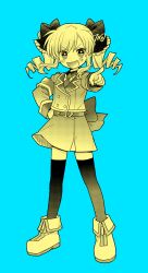 Rule 34 | 1girl, akechi kokoro, armband, back bow, belt, blue background, bow, drill hair, frilled bow, frills, hand on own hip, highres, jacket, long sleeves, necktie, open mouth, pointing, pointing at viewer, skirt, smile, solo, tantei opera milky holmes, thighhighs, tsunoji, twin drills, v-shaped eyebrows