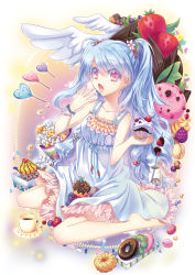 Rule 34 | 1girl, angel, barefoot, candy, checkerboard cookie, chibi, cookie, cu-rim, cupcake, doughnut, dress, face, food, fruit, heart, jelly bean, original, solo, strawberry, twintails, wings