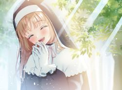Rule 34 | 1girl, :d, ^ ^, blonde hair, blurry, blurry background, blush, closed eyes, commentary request, day, facing viewer, gloves, habit, head tilt, highres, hina (hinalovesugita), light particles, light rays, long hair, long sleeves, neck ribbon, nijisanji, nun, open mouth, outdoors, own hands together, pink lips, pink ribbon, puffy long sleeves, puffy sleeves, ribbon, round teeth, sister claire, sister claire (1st costume), smile, solo, sunbeam, sunlight, teeth, traditional nun, tree, upper body, upper teeth only, virtual youtuber, white gloves