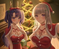 Rule 34 | 2girls, absurdres, antlers, blue archive, blush, christmas, christmas tree, closed mouth, grey hair, highres, horns, long hair, looking at viewer, mella (mell a12), multiple girls, noa (blue archive), parted lips, purple eyes, purple hair, reindeer antlers, santa costume, two side up, yuuka (blue archive)