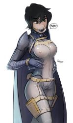 Rule 34 | 1girl, armor, asian, ball gag, batgirl, belt, black hair, breasts, brown eyes, cape, cassandra cain, collar, covered erect nipples, dc comics, gag, gagged, gauntlets, lock, medium breasts, nipples, pouch, psuede, see-through, short hair, solo, thighs