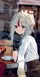 Rule 34 | 1girl, absurdres, alternate costume, black gloves, brown skirt, cake, closed mouth, cup, food, from outside, from side, genshin impact, gloves, grey hair, hair ornament, hair stick, hand on own chin, highres, indoors, long hair, long sleeves, looking at viewer, looking outside, looking to the side, ningguang (genshin impact), ningguang (pizza hut) (genshin impact), parted bangs, red eyes, reflection, saucer, shirt, sitting, skirt, smile, solo, suzu (user kdex8732), table, teacup, white shirt, wide sleeves, window