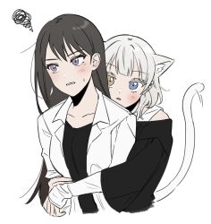 Rule 34 | 2girls, animal ears, bang dream!, bang dream! it&#039;s mygo!!!!!, black hair, black shirt, blue eyes, blush, cat ears, cat girl, cat tail, collarbone, commentary request, cropped torso, heterochromia, highres, hug, hug from behind, idgukgu, jacket, kaname raana, kemonomimi mode, korean commentary, long hair, looking at viewer, medium hair, mole, mole under eye, multiple girls, off-shoulder shirt, off shoulder, open clothes, open jacket, open mouth, parted lips, purple eyes, shiina taki, shirt, shirt under shirt, simple background, squiggle, tail, tank top, upper body, white background, white hair, white jacket, white tank top, yellow eyes, yuri