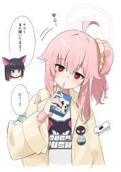 Rule 34 | 2girls, ahoge, animal ears, black hair, blue archive, blush, cat ears, chibi, chibi inset, colored inner hair, drink, drinking, drinking straw, extra ears, halo, highres, holding, holding drink, jacket, kazusa (band) (blue archive), kazusa (blue archive), long hair, long sleeves, multicolored hair, multiple girls, natsu (band) (blue archive), natsu (blue archive), official alternate costume, open clothes, open jacket, open mouth, pink hair, pink halo, red eyes, shirt, short hair, simple background, speech bubble, translation request, white background, white shirt, yellow jacket, yoimura